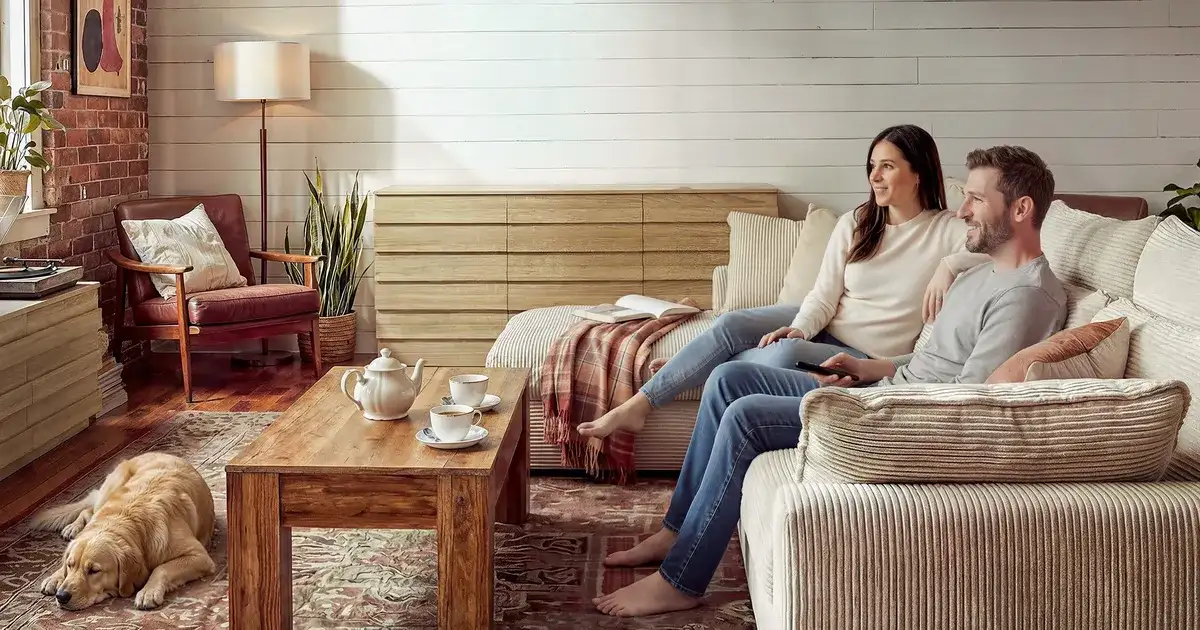 FUFU&GAGA banner: living room with a wooden storage cabinet, TV stand and sofa