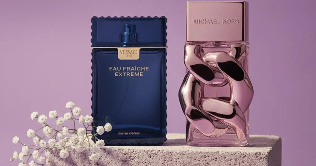 Designer perfume bottles on stone blocks, from a Fragrance Outlet banner